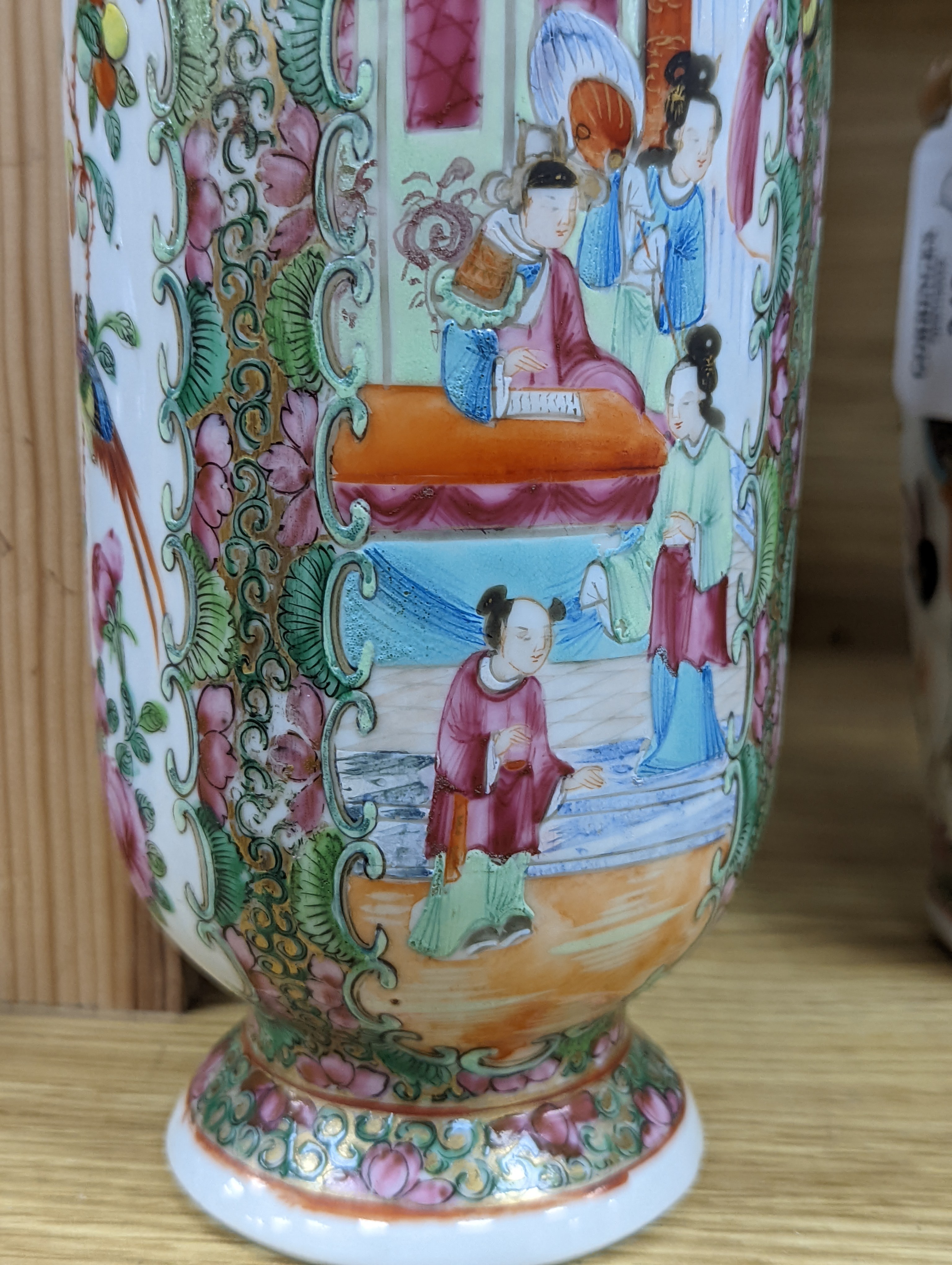 Two Chinese famille rose vases, late 19th century, tallest 26 cm, one wood stand, some restoration